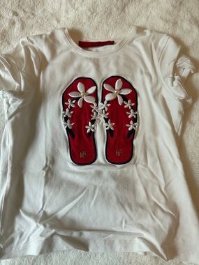 Carolina Herrera White Tee with Red Flip-Flop Floral Appliqué